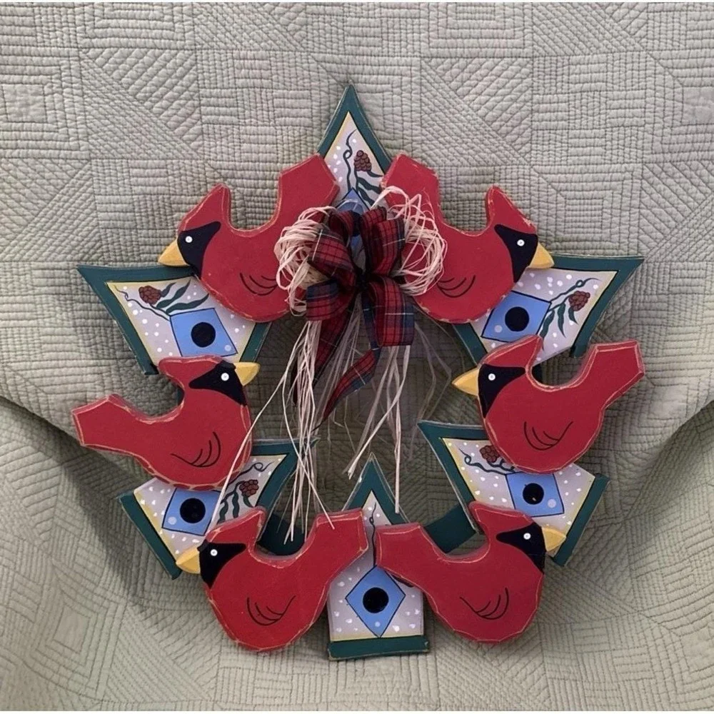 Wooden Red Cardinal Wreath Wall Hanging Country Folk Art Birdhouse Decor 17x17
